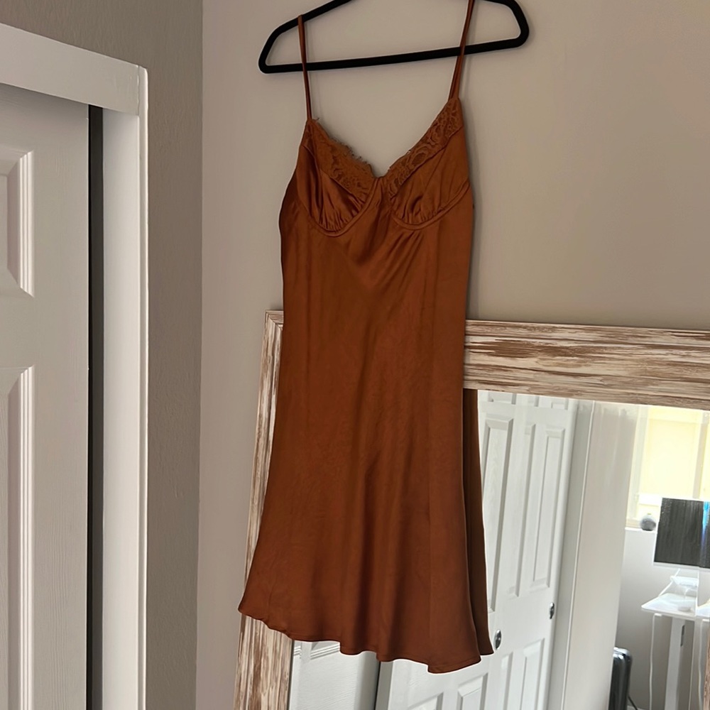 Rust orange mini silky slip dress